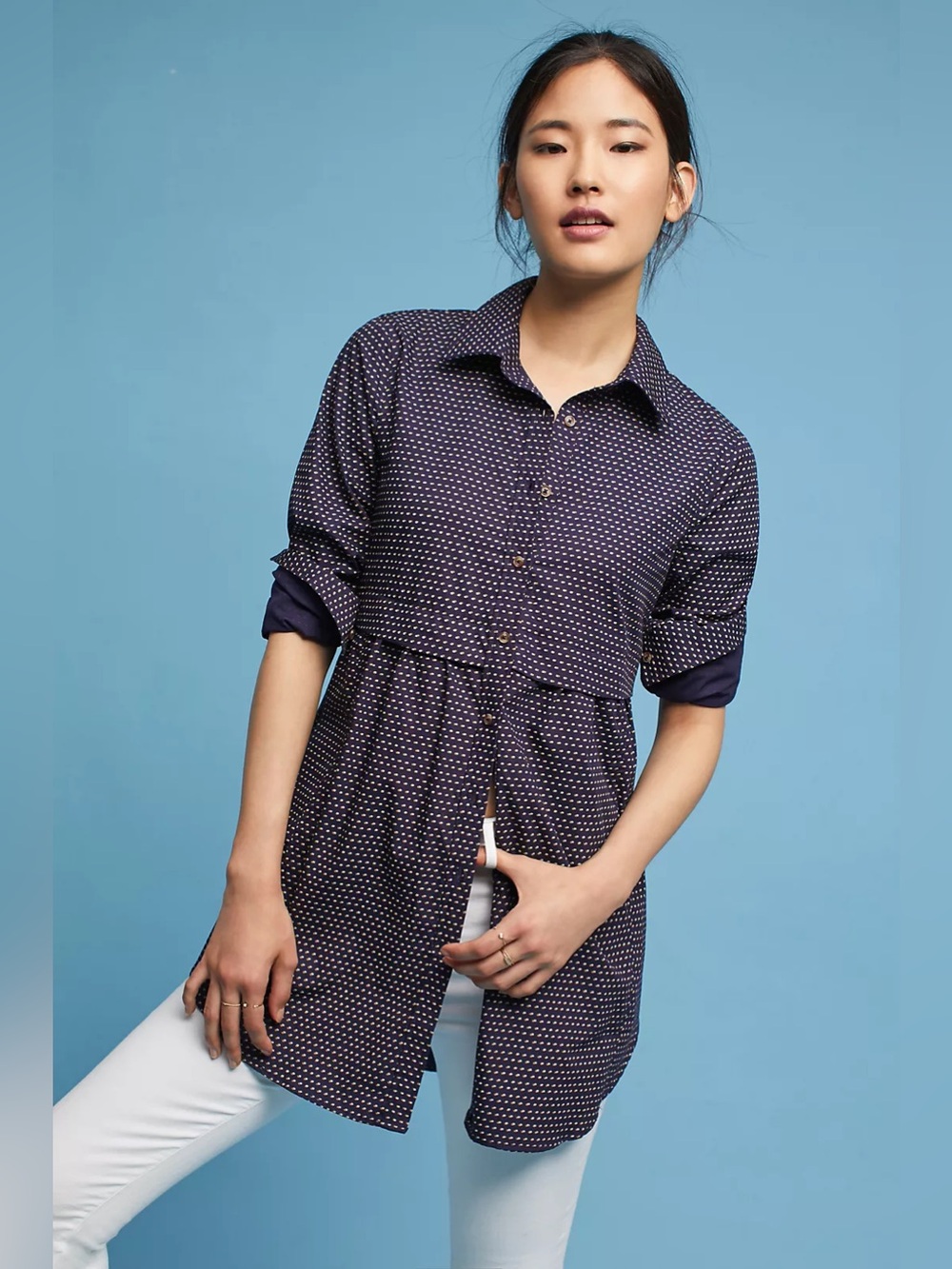 Maeve Anthropologie Polka Dot Button-Down Tunic Top